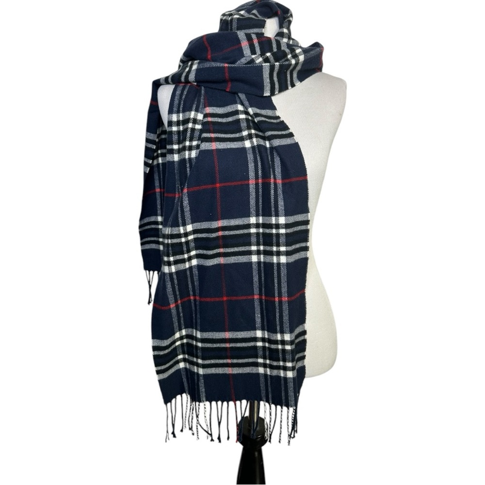 Italy‎ Design Cashmere Viscose Plaid Blue Red White Black Scarf 12x67